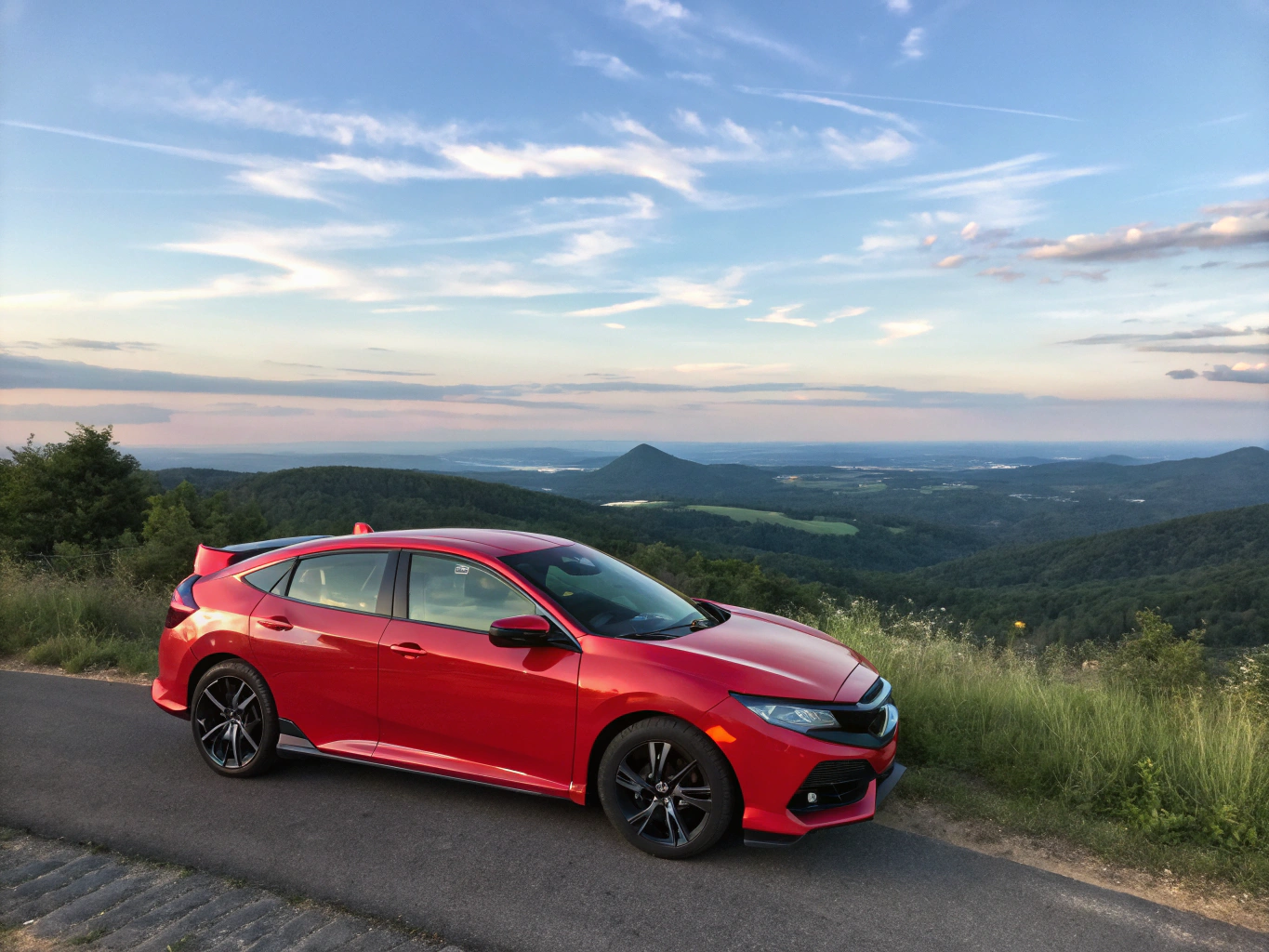 Photorealistic exterior of Honda Civic 2026 Touring Sport driving on highway during G lesson